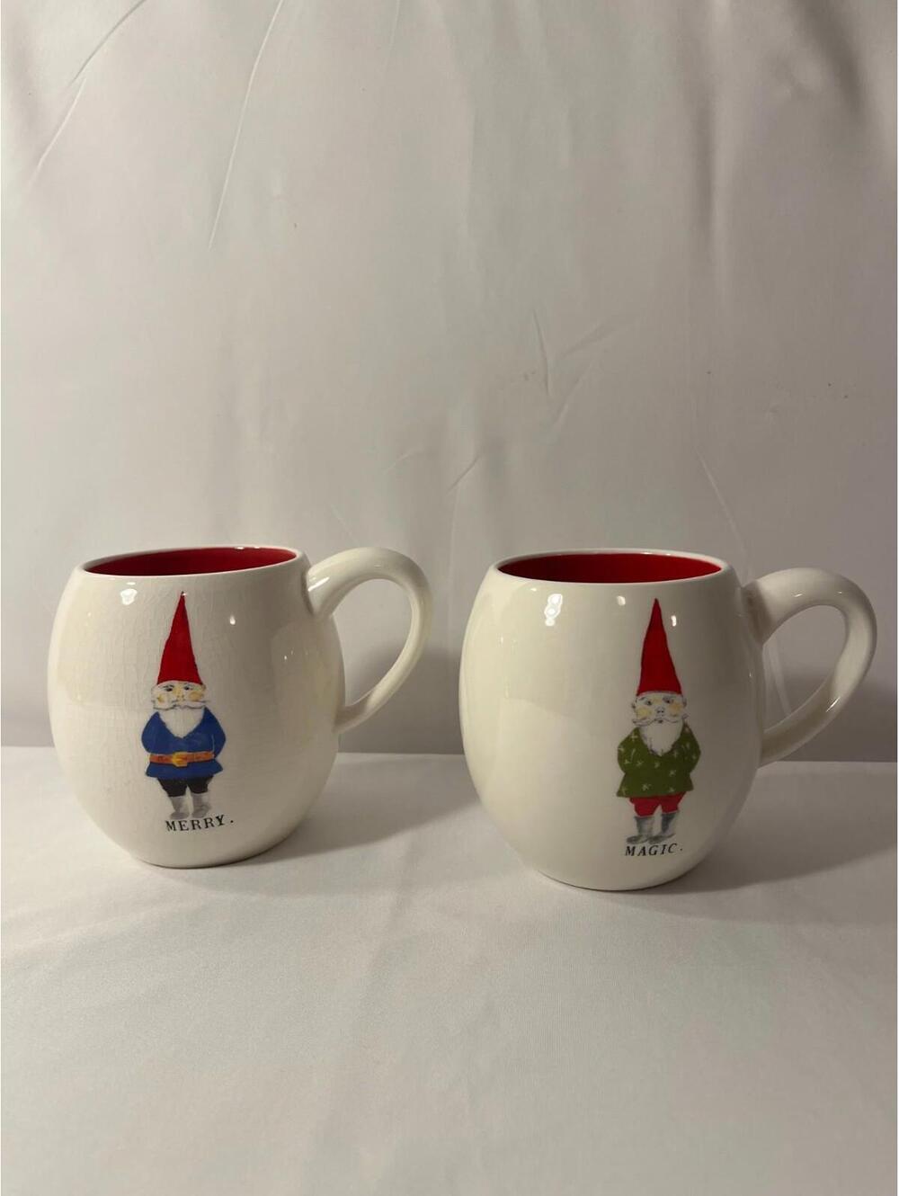 2 Vintage White Christmas Elf Mugs - Red Inside, Perfect Gift!